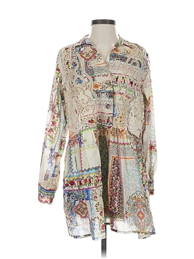 Pre-owned Johnny Was Long Sleeve Silk Top Ivory Paisley Pattern Plunge Neckline Tops In White