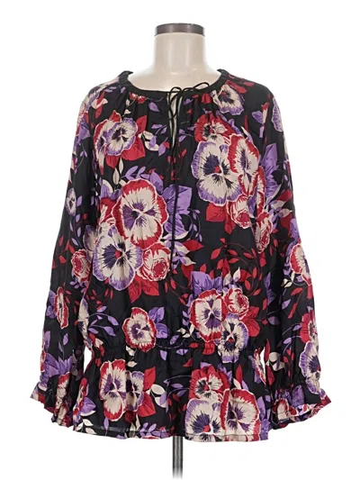 Pre-owned Johnny Was Long Sleeve Silk Top Purple Keyhole Neckline Tops