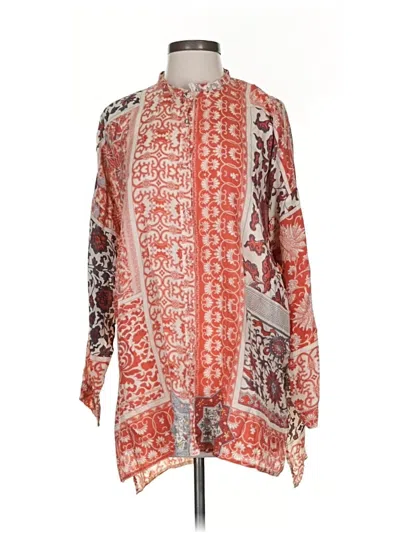 Pre-owned Johnny Was Long Sleeve Silk Top Red Paisley Pattern Mock Neckline Tops