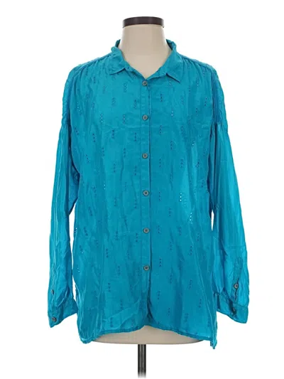 Pre-owned Johnny Was Long Sleeve Silk Top Teal Collared Neckline Tops In Blue