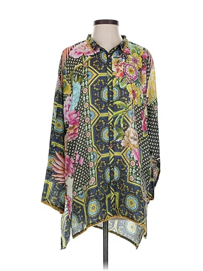 Pre-owned Johnny Was Long Sleeve Silk Top Yellow Paisley Pattern Cowl Neck Tops