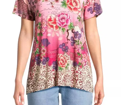 Johnny Was Loose Fit Tee In Pink Lace Scarf Print In Multi