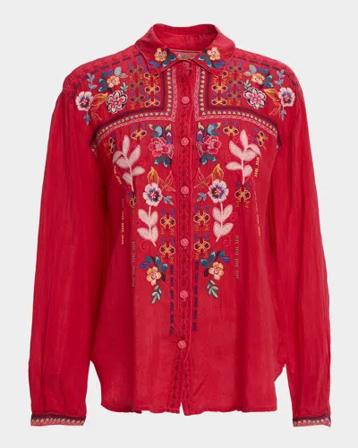 Johnny Was Luisa Embroidered Georgette Shirt In Red
