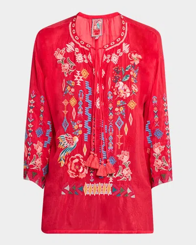 Johnny Was Margot Embroidered Tie-neck Blouse In Red