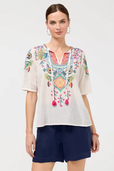Johnny Was Margot Short Sleeve Blouse In Navy Grey Stripe In Neutral