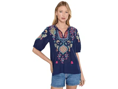 Johnny Was Margot Short Sleeve Blouse Women's Clothing Celiora Navy: Xs In Blue