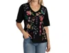 Johnny Was Maureen 3/4 Sleeve Trapunto V-neck Tee In Black In Black