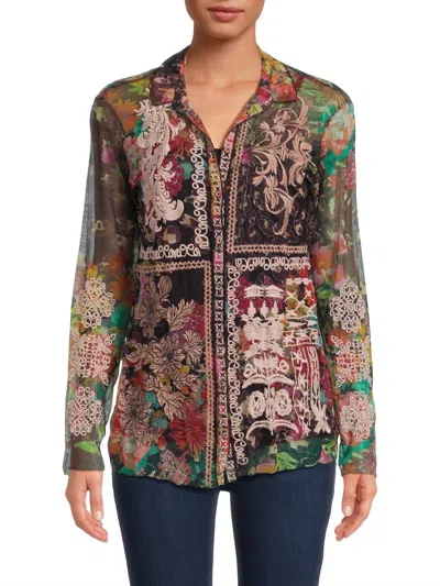 Johnny Was Mazzy Embroidered Floral Button Front Blouse In Wild Gardenia Night In Multi