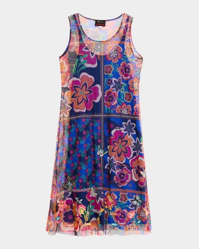 Johnny Was Mazzy Patchwork Floral-print Mesh Midi Dress In Jay Block