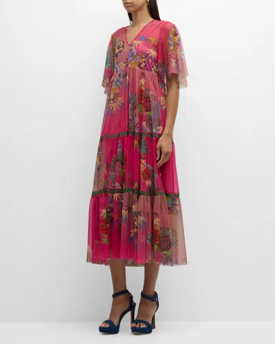 Johnny Was Mazzy Tiered Floral-print Mesh Midi Dress In Multi