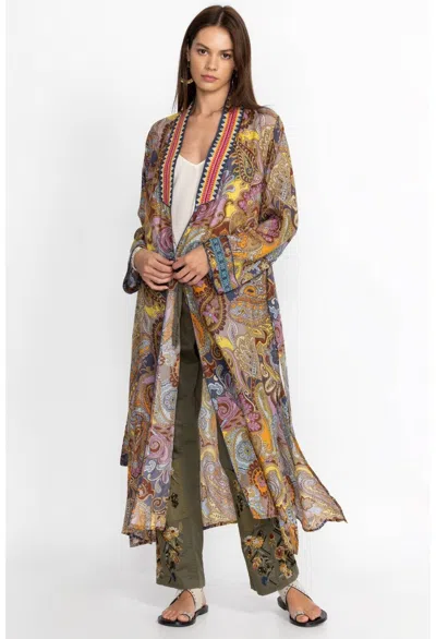 Pre-owned Johnny Was Med Sandalwood Tove Kimono Duster 100% Silk Embroidery Pockets $435 In Brown Multicolor