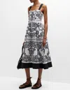 JOHNNY WAS MEL EMBROIDERED MIDI DRESS IN WHITE/BLACK
