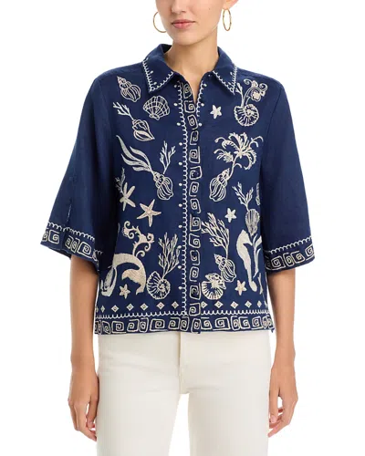 Johnny Was Meri Kimono Sleeve Linen Shirt In Blue