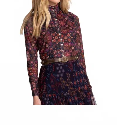 Johnny Was Mesh Button Up Mock Neck Top In Brandi In Multi