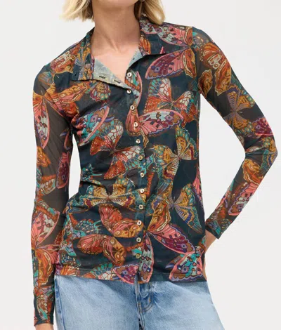 Johnny Was Mesh Button Up Mock Neck Top In Ofelia Teal In Animal Print
