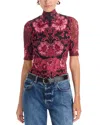 Johnny Was Turtleneck Floral-print Mesh Top In Pink
