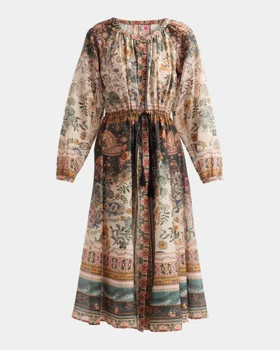 Johnny Was Michaella Printed Cotton-silk Midi Dress In Brown