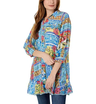 Johnny Was Mid Summer Sednea Multi Color Ruffle Trim Tunic In Blue