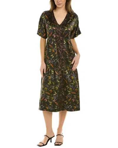 Johnny Was Midnight Mariposa Button Front Silk Midi Dress In Green