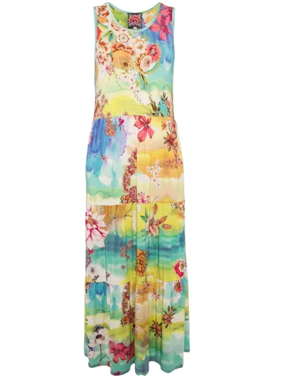 Johnny Was Tie Dye Sleeveless Tiered Midi Dress In Yellow In Multi