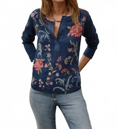 Johnny Was Mixed Media Henley Thermal Top In Blue Night In Brown