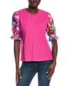 Johnny Was Mixed Media Smocked Sleeve Linen-blend T-shirt In Pink