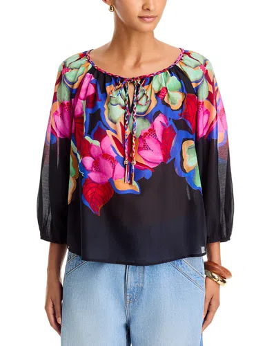 Johnny Was Monaco Tie Neck Cotton And Silk Peasant Blouse In Multi