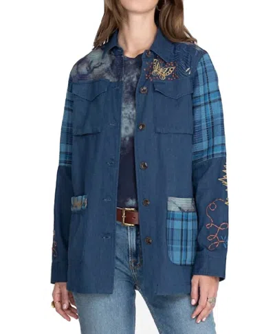 Pre-owned Johnny Was Moonlight Tie Dye Patchwork Military Jacket For Women In Denim Blue