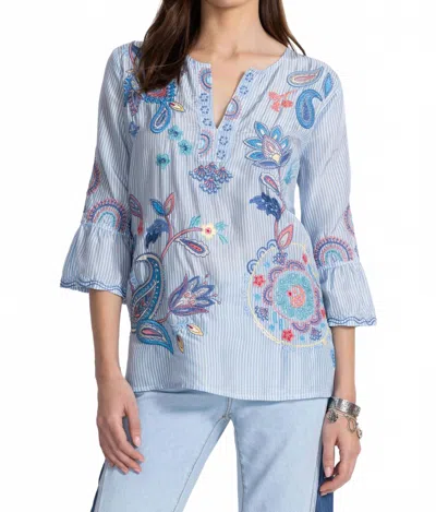 Johnny Was Neilly Ruffle Sleeve Blouse In Barine Stripe In Blue