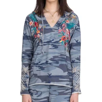 Johnny Was Nohea French Terry Raw Edge Hoodie In Indigo Camo In Blue