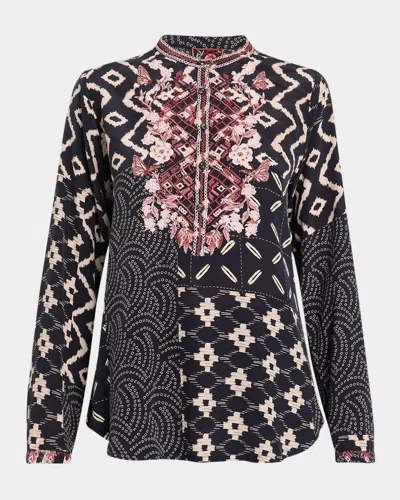 Johnny Was Nya Embroidered Patchwork-print Silk Shirt In Black