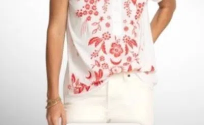 Johnny Was Oleander Button Neck Linen Tee In White