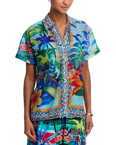 Johnny Was Para Crochet Camp Shirt Swim Cover-up In Blue