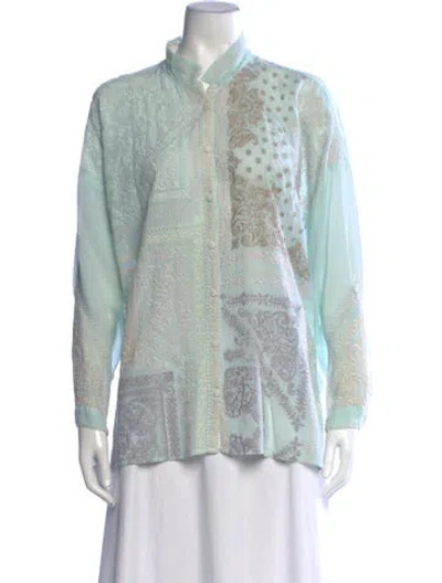 Pre-owned Johnny Was Patterned Long Sleeve Blouse In Blue