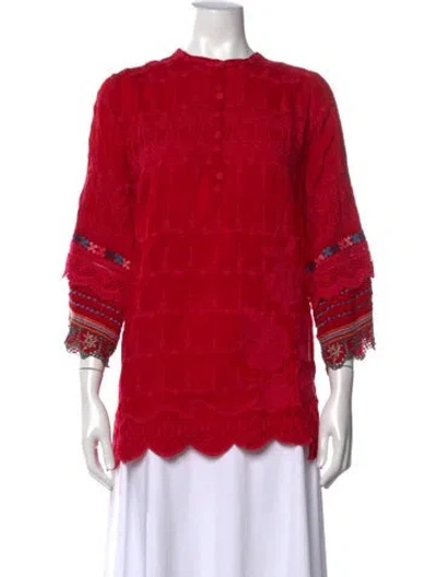 Pre-owned Johnny Was Patterned Three-quarter Sleeve Blouse In Red