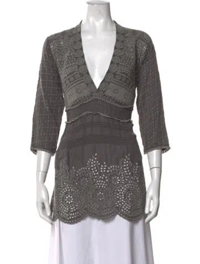 Pre-owned Johnny Was Patterned V-neck Blouse In Grey