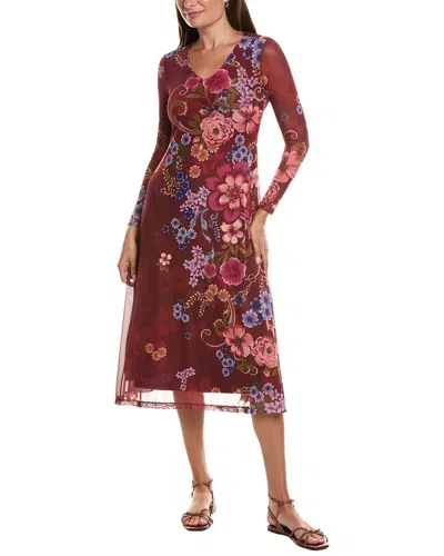 Johnny Was Petite Long Sleeve V-neck Mesh Midi Dress In Burgundy