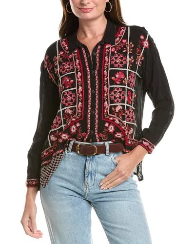 Johnny Was Petite The Slim Audrey Collared Silk-blend Shirt In Black