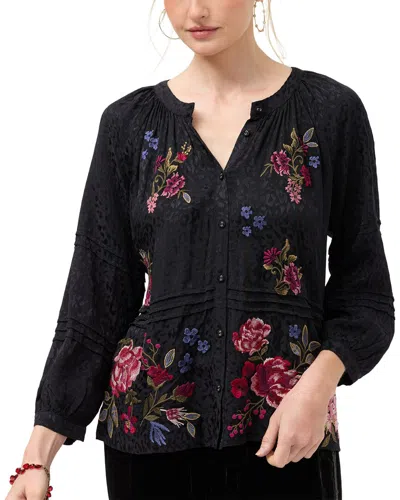 Johnny Was Pintuck Raglan Button Up Shirt In Black