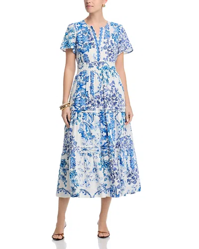 Johnny Was Vallora Floral-print Pintuck Tiered Midi Dress In Blue