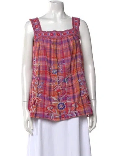 Pre-owned Johnny Was Plaid Print Square Neckline Top In Pink