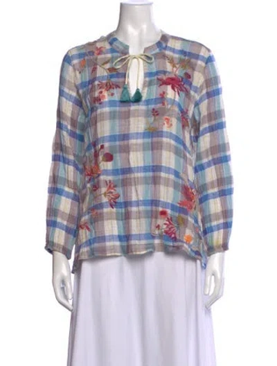 Pre-owned Johnny Was Plaid Print Tie Neck Blouse In Multicolor
