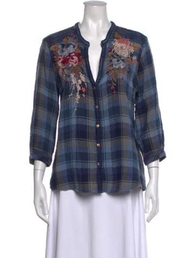 Pre-owned Johnny Was Plaid Print V-neck Blouse In Blue