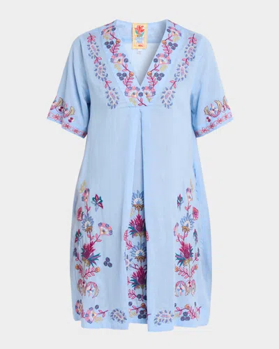 Johnny Was Pleated Floral-embroidered Mini Shift Dress In Blue