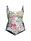 JOHNNY WAS, PLUS SIZE WOMEN'S METALLI RUCHED FLORAL ONE-PIECE SWIMSUIT