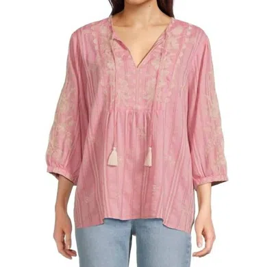 Johnny Was Prairie Blouse 3/4 Sleeve Hyacinth In Monse Stripe In Pink