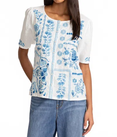 Pre-owned Johnny Was Pre-loved Yadira Linen Flutter Sleeve Blouse In Blue/white