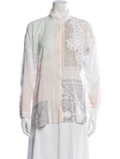 Pre-owned Johnny Was Printed Long Sleeve Blouse In White