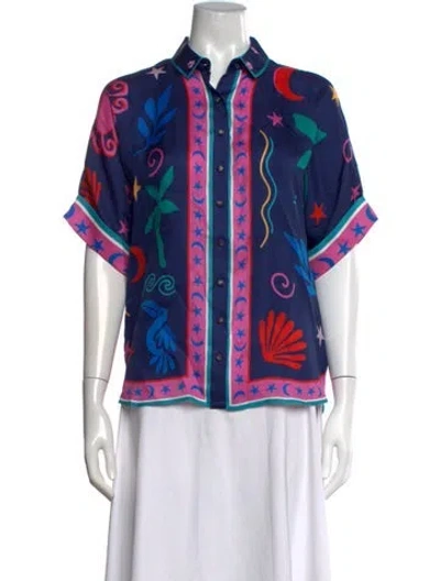 Pre-owned Johnny Was Printed Short Sleeve Blouse W/ Tags In Blue