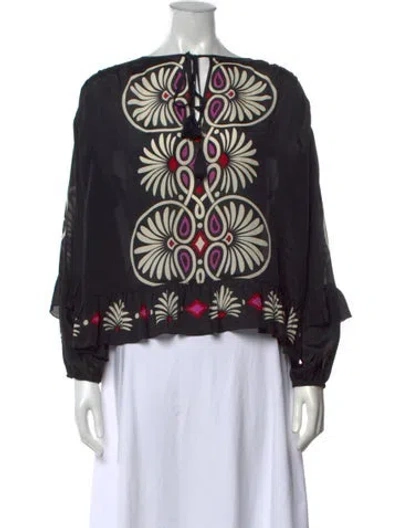 Pre-owned Johnny Was Printed Tie Neck Blouse W/ Tags In Black